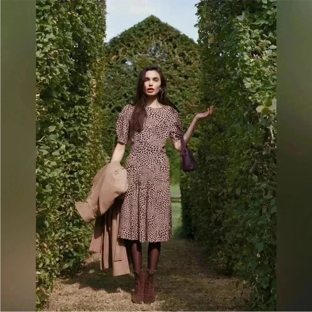Rouje Dress Norma  French Midi Midi in Leopard Fauve Kiss Tan Black